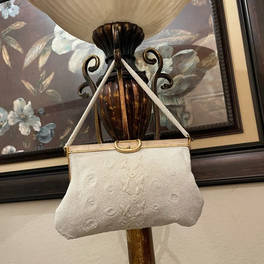 Vintage White Beaded Clutch with Gold Frame